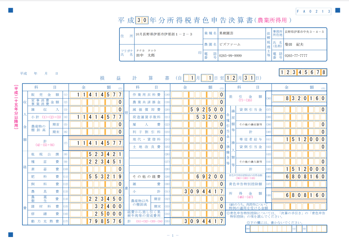 青色申告決算書 農業所得用